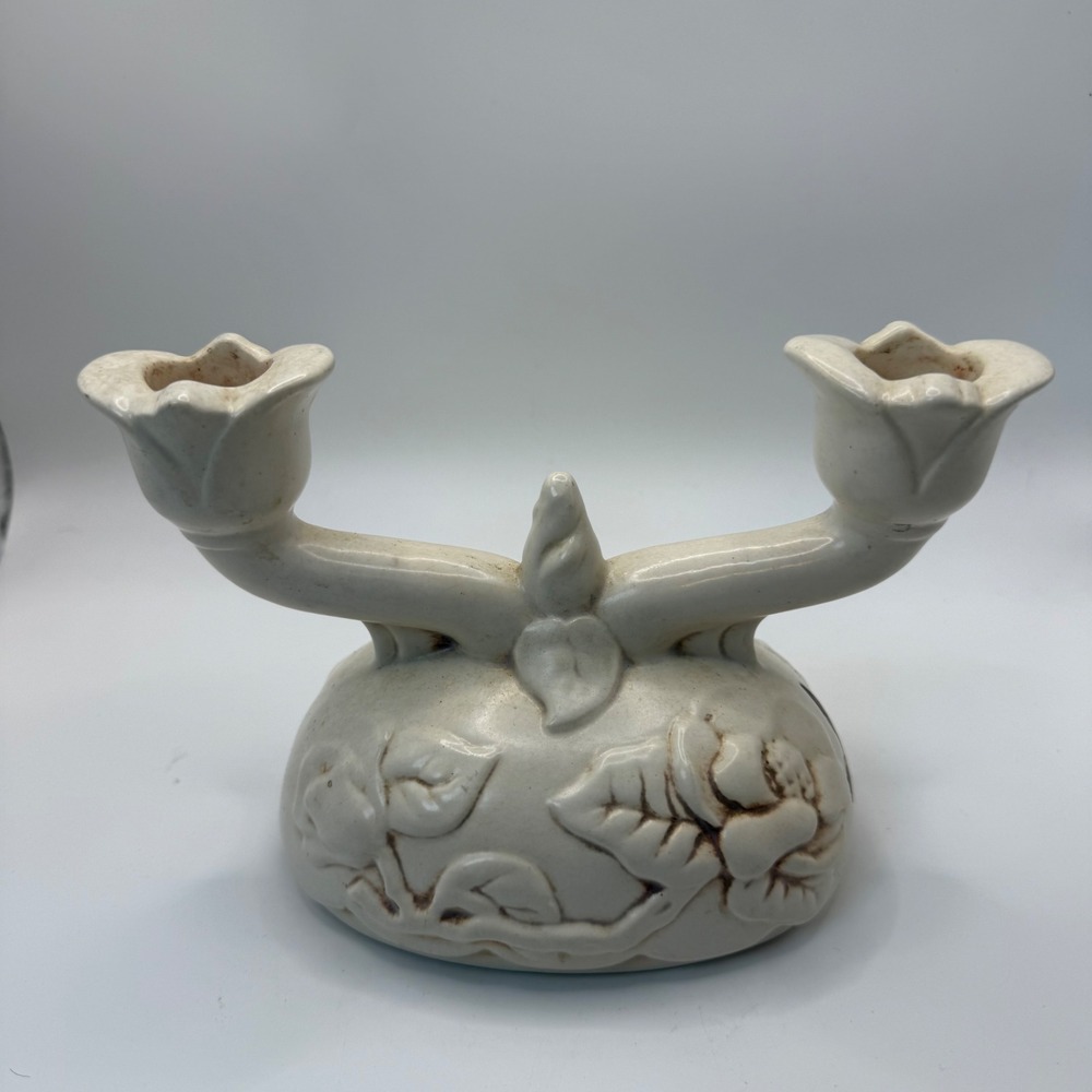 Red Wing USA Art Pottery 1029 Double Candle Holder Floral Rose Cream Vintage